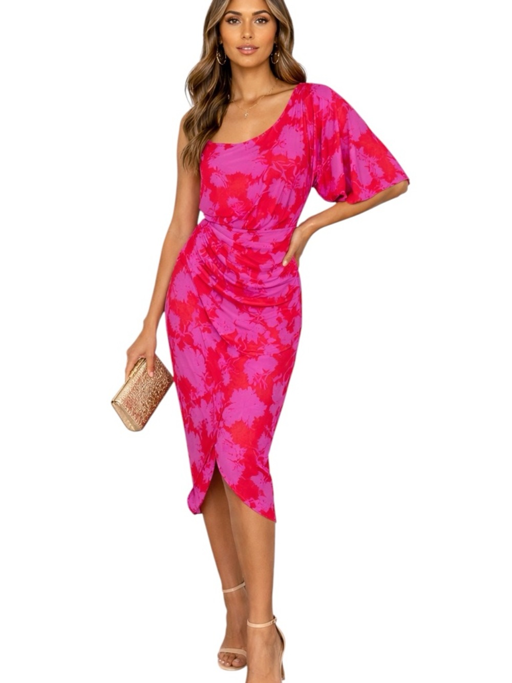 DO+BE One Shoulder Floral Statement Party Dress Pink Red Draped Midi Size M